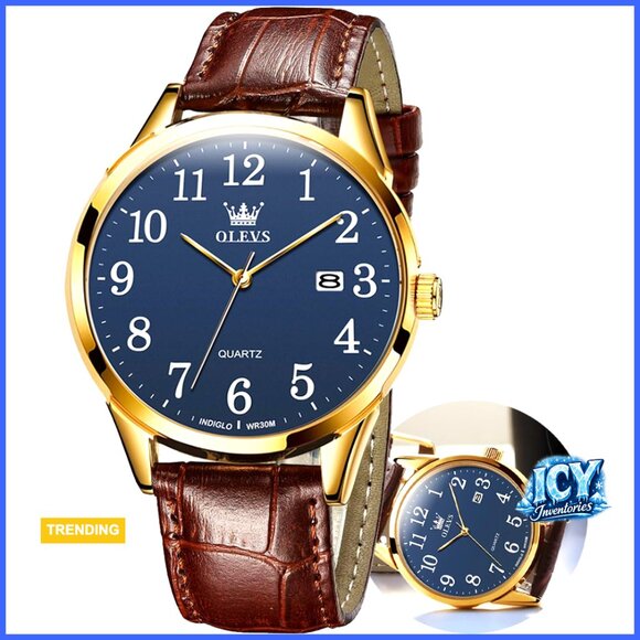 Vintage Leather Band Dress Watch with Date and Day Function